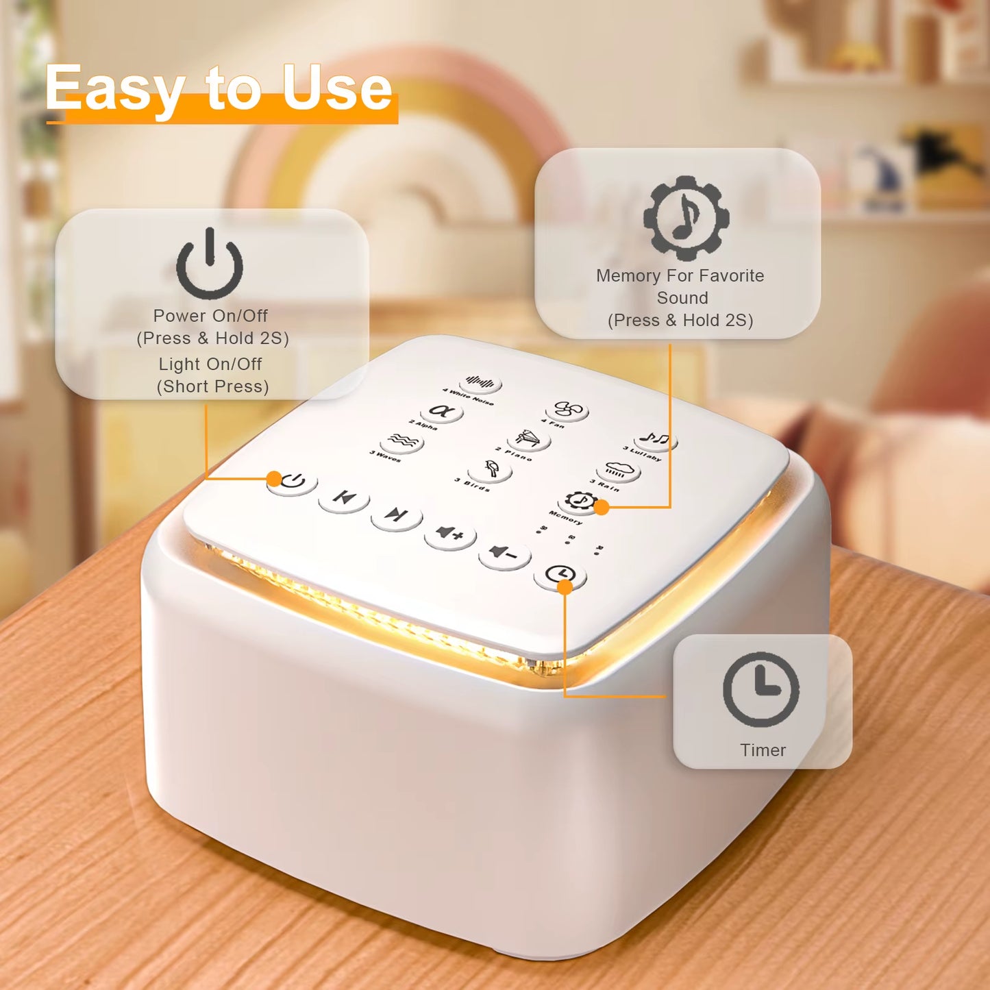 White Noise Machine – 30 Soothing Sounds, Warm Night Light & 30-Hour Battery Life