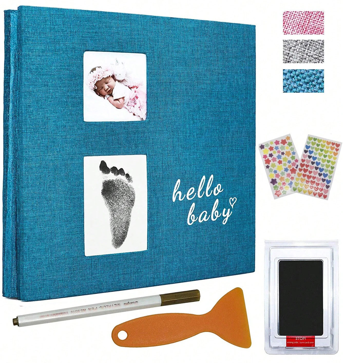 Luxury Linen Baby Memory Book & Photo Album – Self-Adhesive Scrapbook with Handprint & Footprint Kit