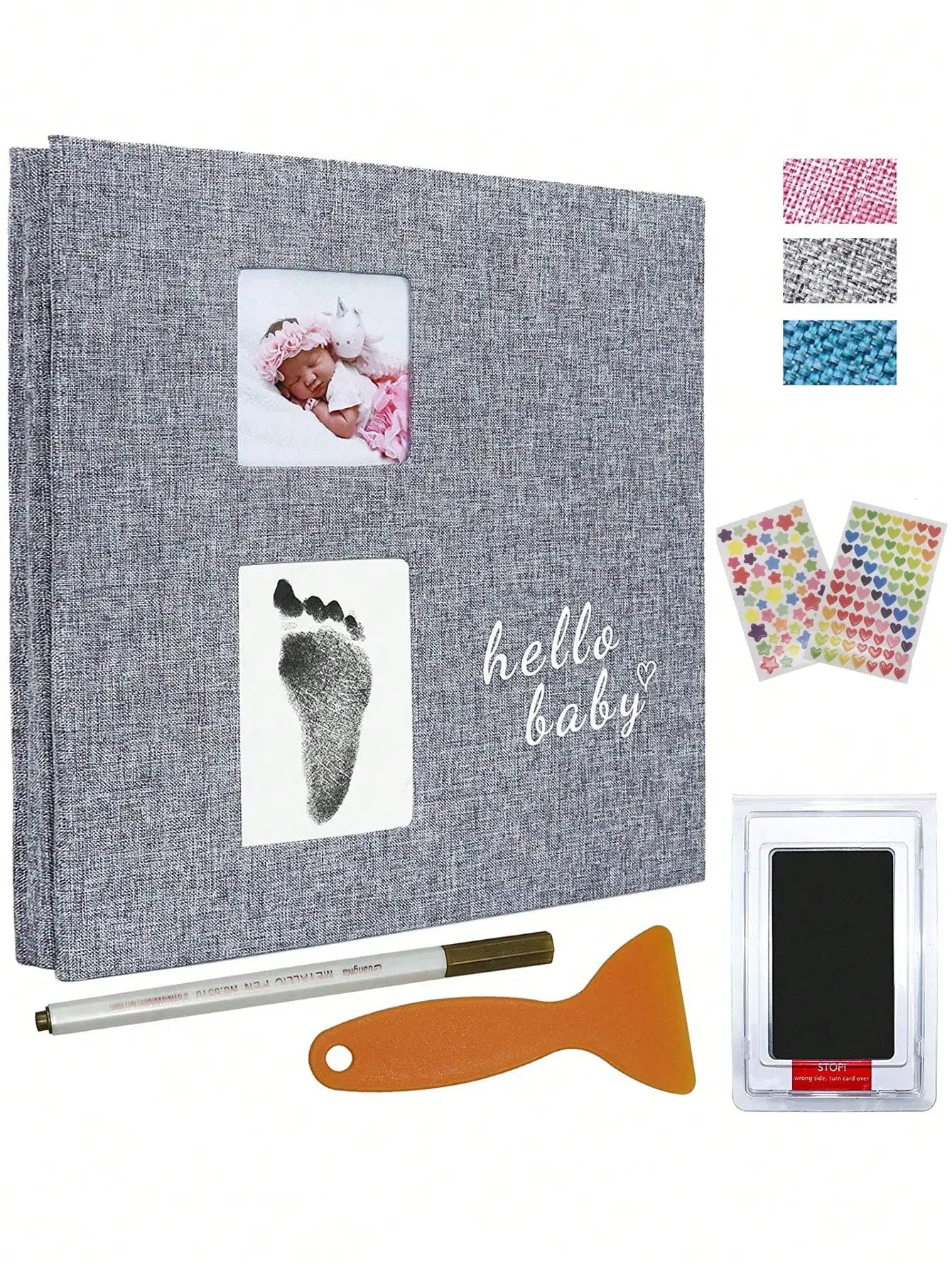 Luxury Linen Baby Memory Book & Photo Album – Self-Adhesive Scrapbook with Handprint & Footprint Kit