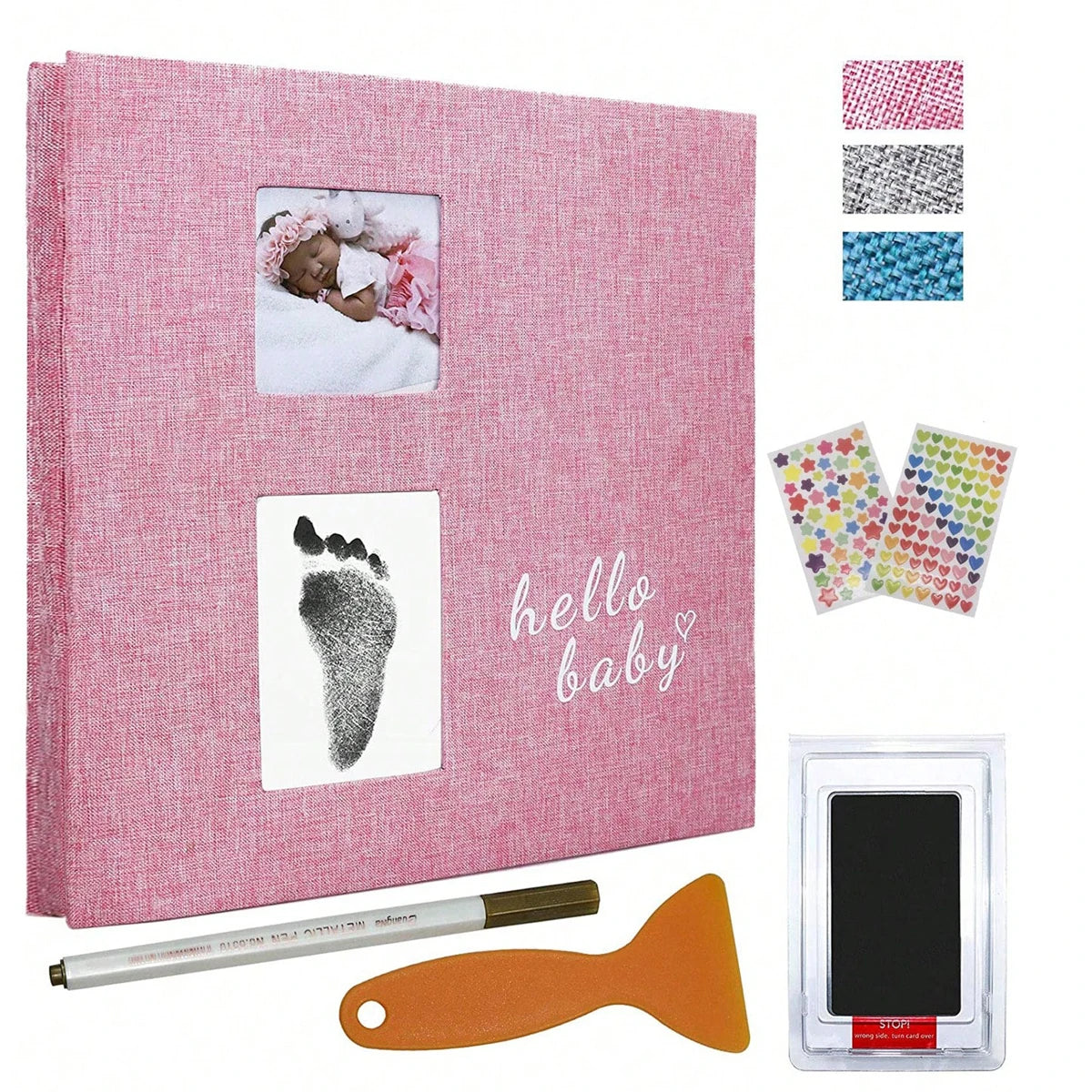 Luxury Linen Baby Memory Book & Photo Album – Self-Adhesive Scrapbook with Handprint & Footprint Kit