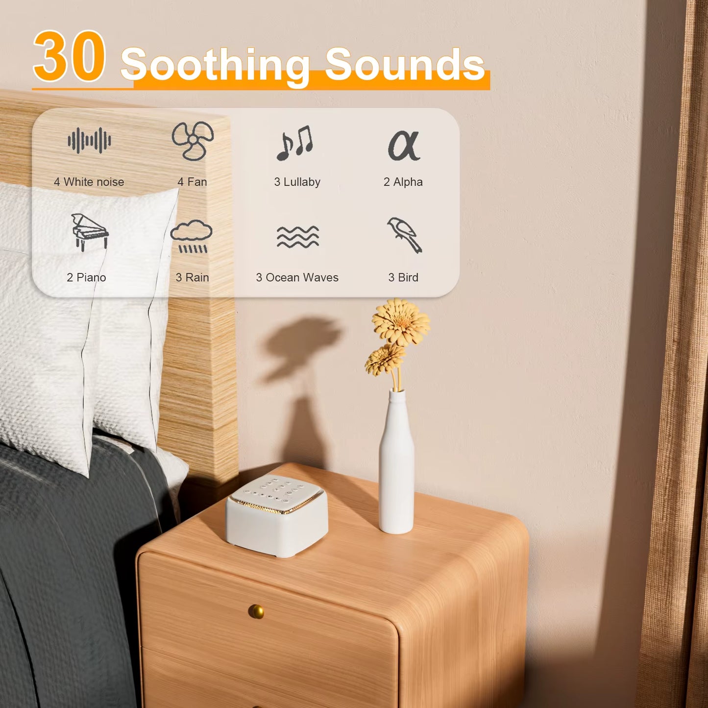 White Noise Machine – 30 Soothing Sounds, Warm Night Light & 30-Hour Battery Life